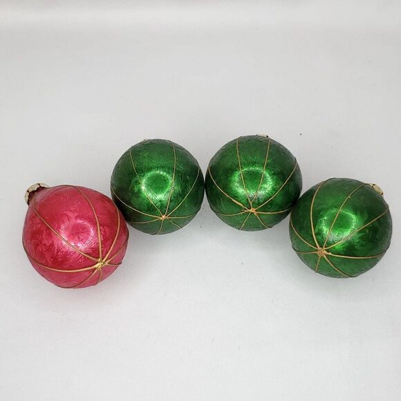 Vintage Glass Ornaments Green Red Textured Frost Balloon Shape Gold Piping - Picture 4 of 10